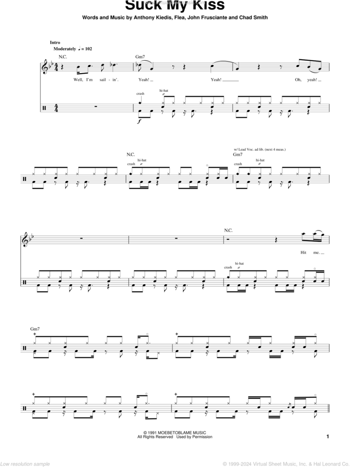 Suck My Kiss sheet music for drums by Red Hot Chili Peppers, Anthony Kiedis, Chad Smith, Flea and John Frusciante, intermediate skill level