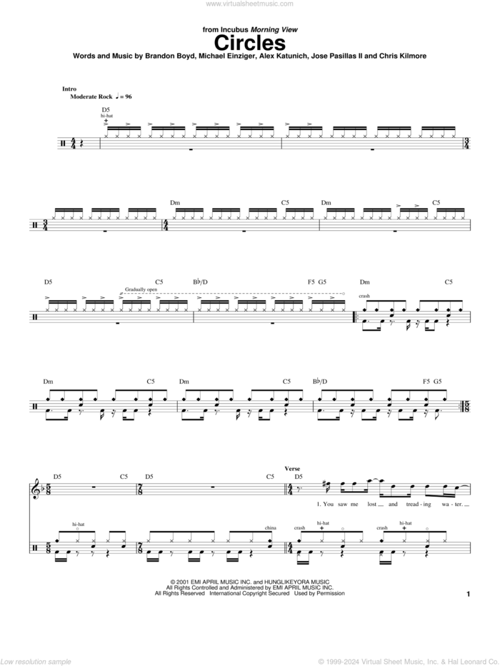 Circles sheet music for drums by Incubus, Alex Katunich, Brandon Boyd, Chris Kilmore, Jose Pasillas II and Michael Einziger, intermediate skill level