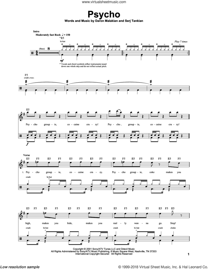 Psycho sheet music for drums by System Of A Down, Daron Malakian and Serj Tankian, intermediate skill level