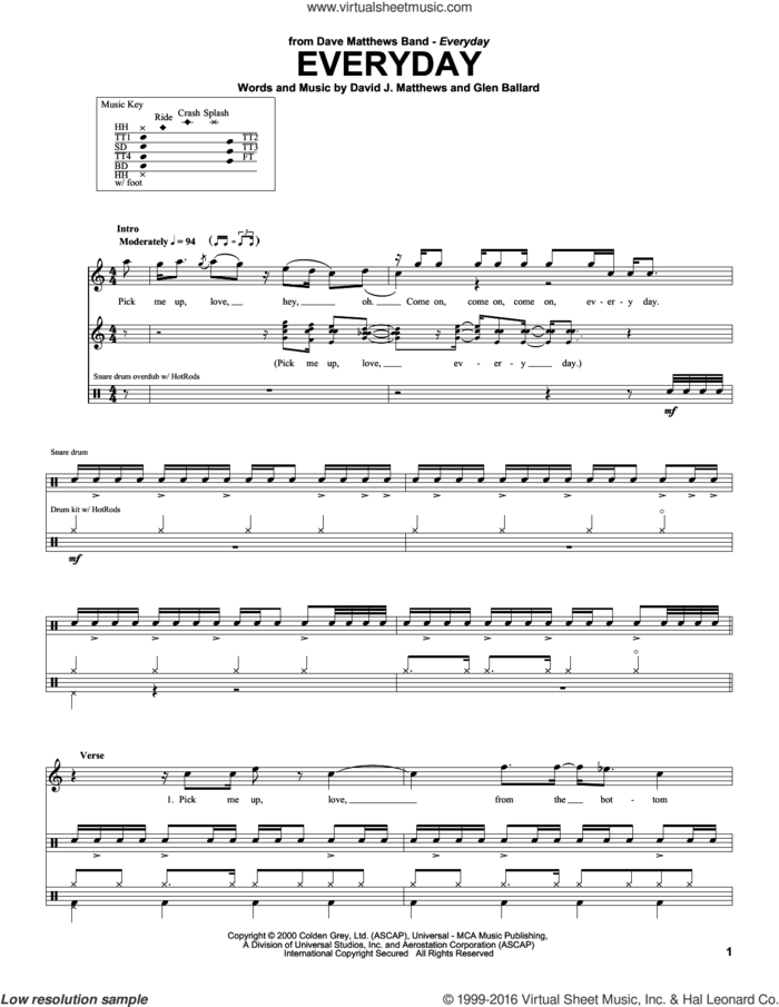 Everyday sheet music for drums by Dave Matthews Band and Glen Ballard, intermediate skill level