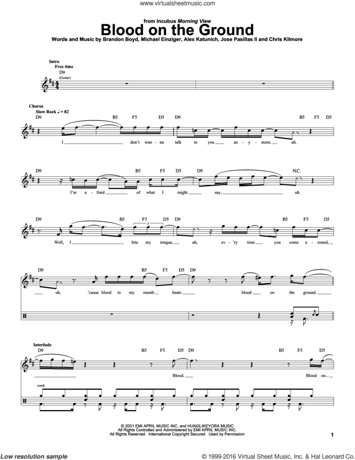 Blood On The Ground sheet music for drums by Incubus, Alex Katunich, Brandon Boyd, Chris Kilmore, Jose Pasillas II and Michael Einziger, intermediate skill level