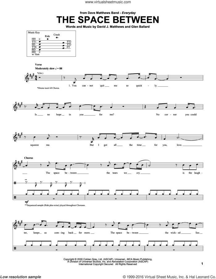 The Space Between sheet music for drums by Dave Matthews Band and Glen Ballard, intermediate skill level