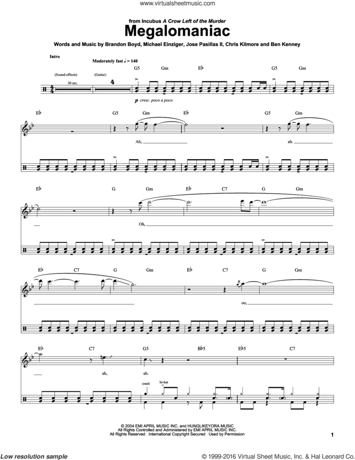 Megalomaniac sheet music for drums by Incubus, Ben Kenney, Brandon Boyd, Chris Kilmore, Jose Pasillas II and Michael Einziger, intermediate skill level