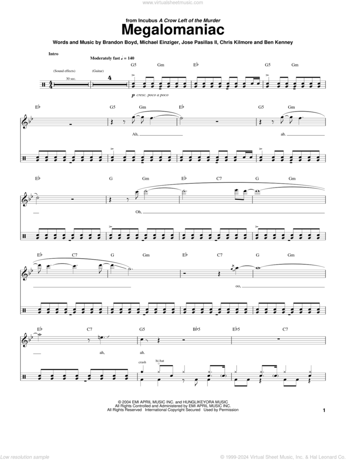 Megalomaniac sheet music for drums by Incubus, Ben Kenney, Brandon Boyd, Chris Kilmore, Jose Pasillas II and Michael Einziger, intermediate skill level