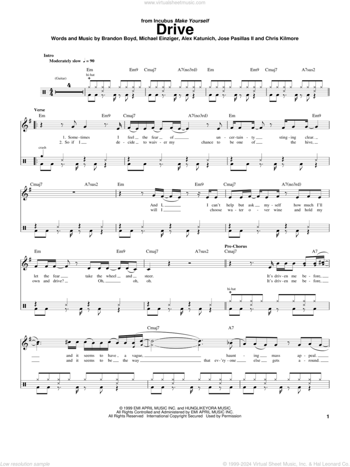 Drive sheet music for drums by Incubus, Alex Katunich, Brandon Boyd, Chris Kilmore, Jose Pasillas II and Michael Einziger, intermediate skill level