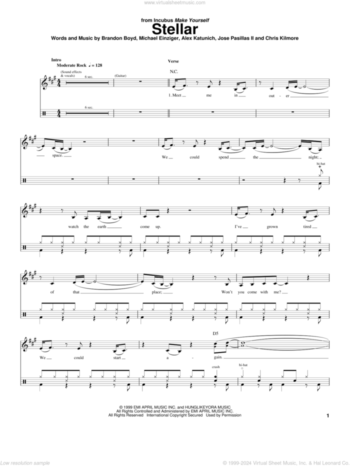 Stellar sheet music for drums by Incubus, Alex Katunich, Brandon Boyd, Chris Kilmore, Jose Pasillas II and Michael Einziger, intermediate skill level