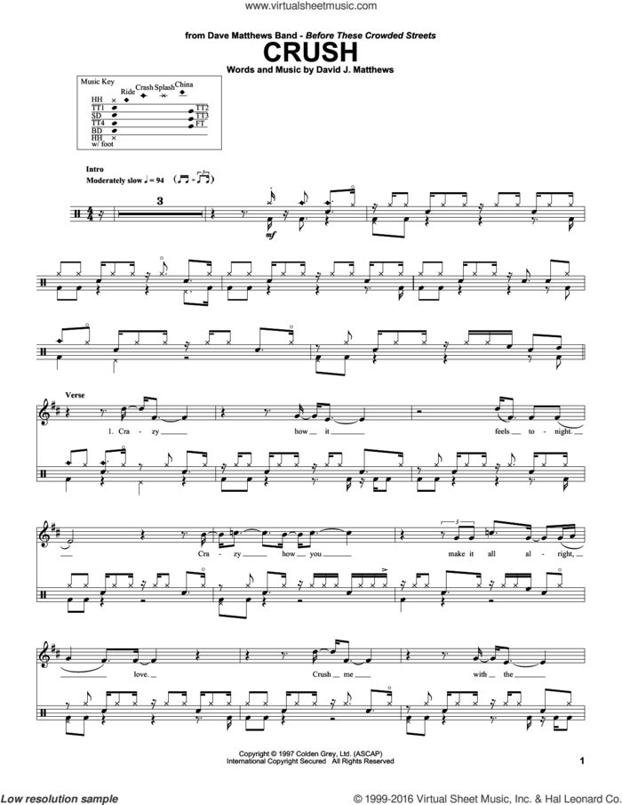 Crush sheet music for drums by Dave Matthews Band, intermediate skill level