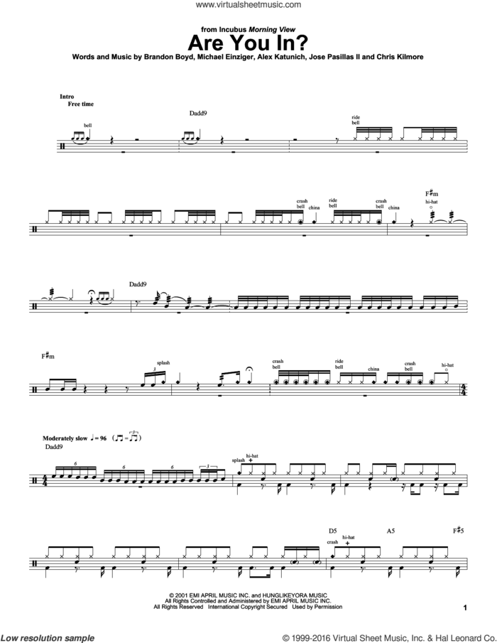 Are You In? sheet music for drums by Incubus, Alex Katunich, Brandon Boyd, Chris Kilmore, Jose Pasillas II and Michael Einziger, intermediate skill level