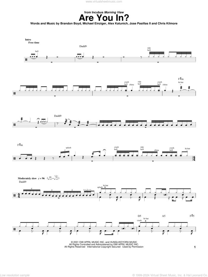 Are You In? sheet music for drums by Incubus, Alex Katunich, Brandon Boyd, Chris Kilmore, Jose Pasillas II and Michael Einziger, intermediate skill level