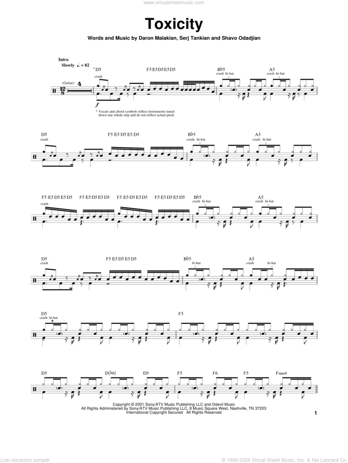 Toxicity sheet music for drums by System Of A Down, Daron Malakian, Serj Tankian and Shavo Odadjian, intermediate skill level