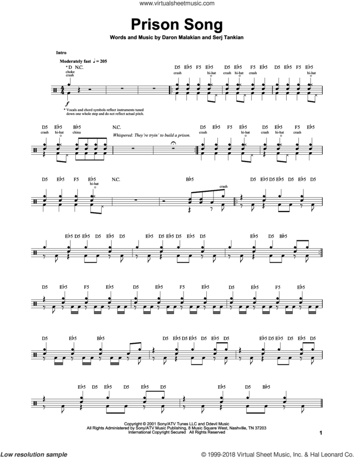 Prison Song sheet music for drums by System Of A Down, Daron Malakian and Serj Tankian, intermediate skill level