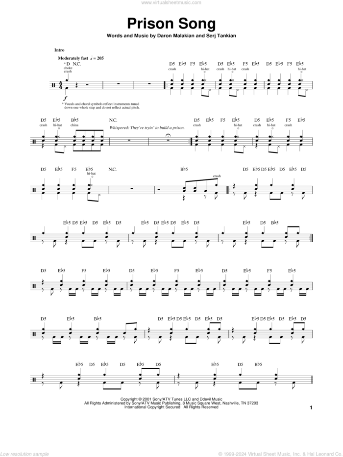 Prison Song sheet music for drums by System Of A Down, Daron Malakian and Serj Tankian, intermediate skill level