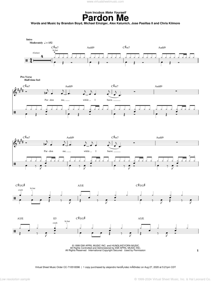 Pardon Me sheet music for drums by Incubus, Alex Katunich, Brandon Boyd, Chris Kilmore, Jose Pasillas II and Michael Einziger, intermediate skill level