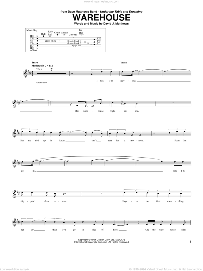 Warehouse sheet music for drums by Dave Matthews Band, intermediate skill level