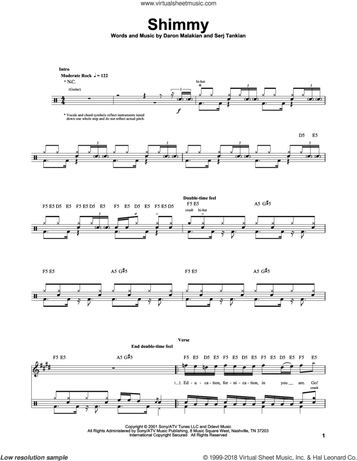 Shimmy sheet music for drums by System Of A Down, Daron Malakian and Serj Tankian, intermediate skill level