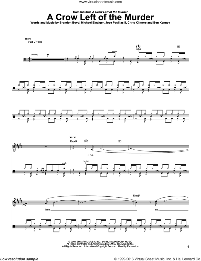 A Crow Left Of The Murder sheet music for drums by Incubus, Ben Kenney, Brandon Boyd, Chris Kilmore, Jose Pasillas II and Michael Einziger, intermediate skill level