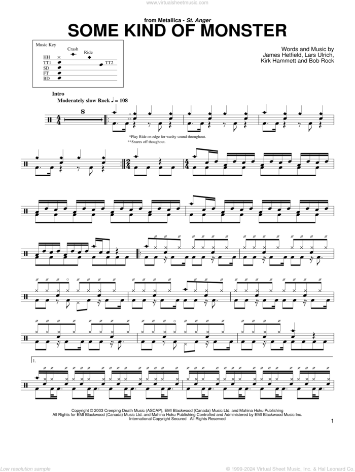 Some Kind Of Monster sheet music for drums by Metallica, Bob Rock, James Hetfield, Kirk Hammett and Lars Ulrich, intermediate skill level