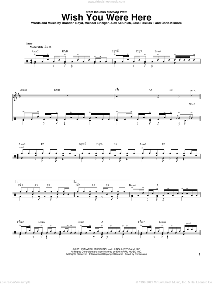Wish You Were Here sheet music for drums by Incubus, Alex Katunich, Brandon Boyd, Chris Kilmore, Jose Pasillas II and Michael Einziger, intermediate skill level