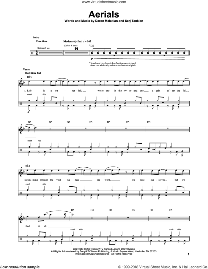 Aerials sheet music for drums by System Of A Down, Daron Malakian and Serj Tankian, intermediate skill level