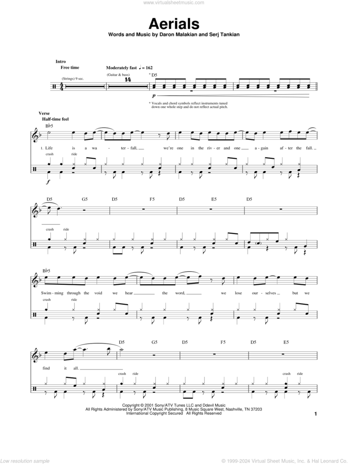 Aerials sheet music for drums by System Of A Down, Daron Malakian and Serj Tankian, intermediate skill level