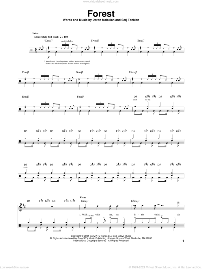 Forest sheet music for drums by System Of A Down, Daron Malakian and Serj Tankian, intermediate skill level
