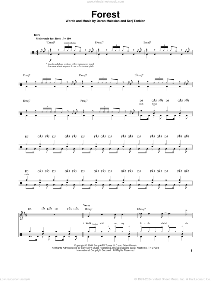 Forest sheet music for drums by System Of A Down, Daron Malakian and Serj Tankian, intermediate skill level