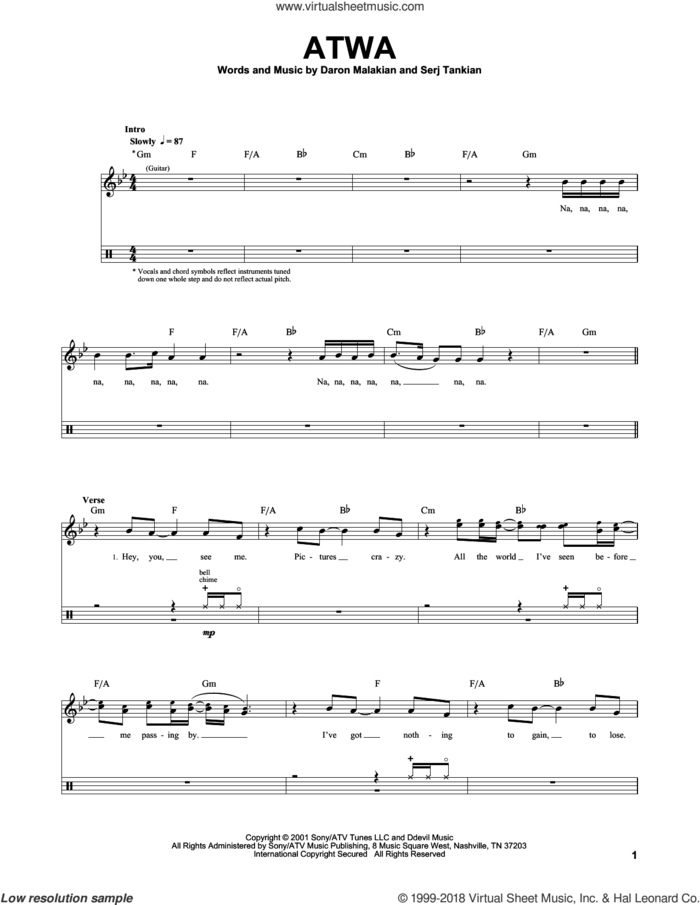 ATWA sheet music for drums by System Of A Down, Daron Malakian and Serj Tankian, intermediate skill level
