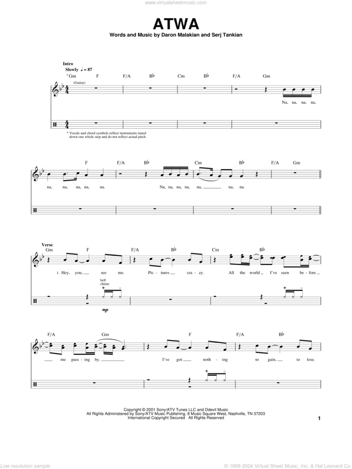 ATWA sheet music for drums by System Of A Down, Daron Malakian and Serj Tankian, intermediate skill level