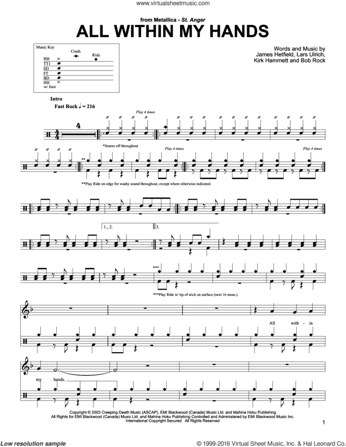 All Within My Hands sheet music for drums by Metallica, Bob Rock, James Hetfield, Kirk Hammett and Lars Ulrich, intermediate skill level