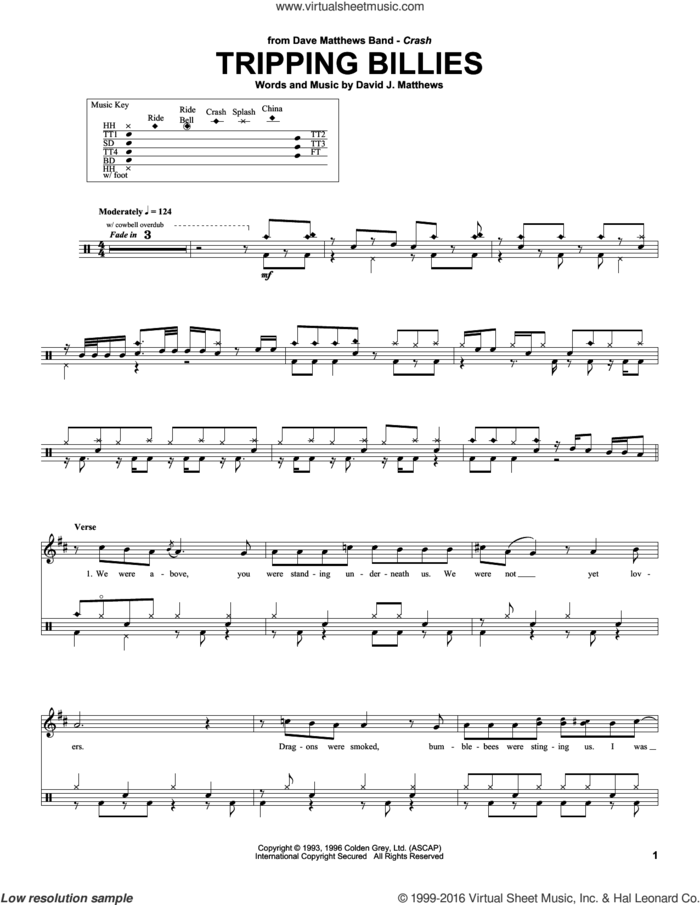 Tripping Billies sheet music for drums by Dave Matthews Band, intermediate skill level
