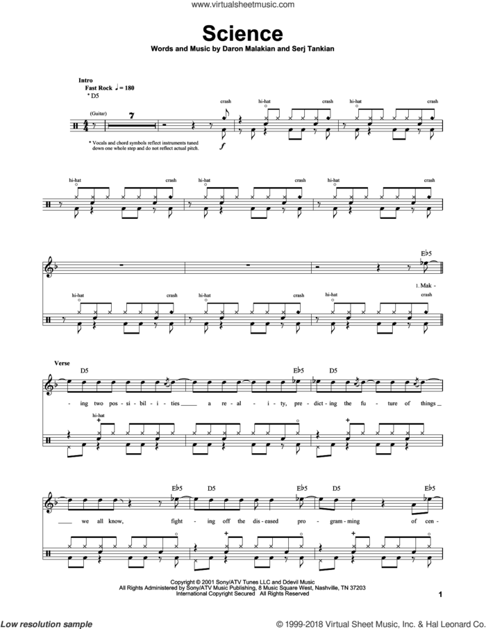 Science sheet music for drums by System Of A Down, Daron Malakian and Serj Tankian, intermediate skill level
