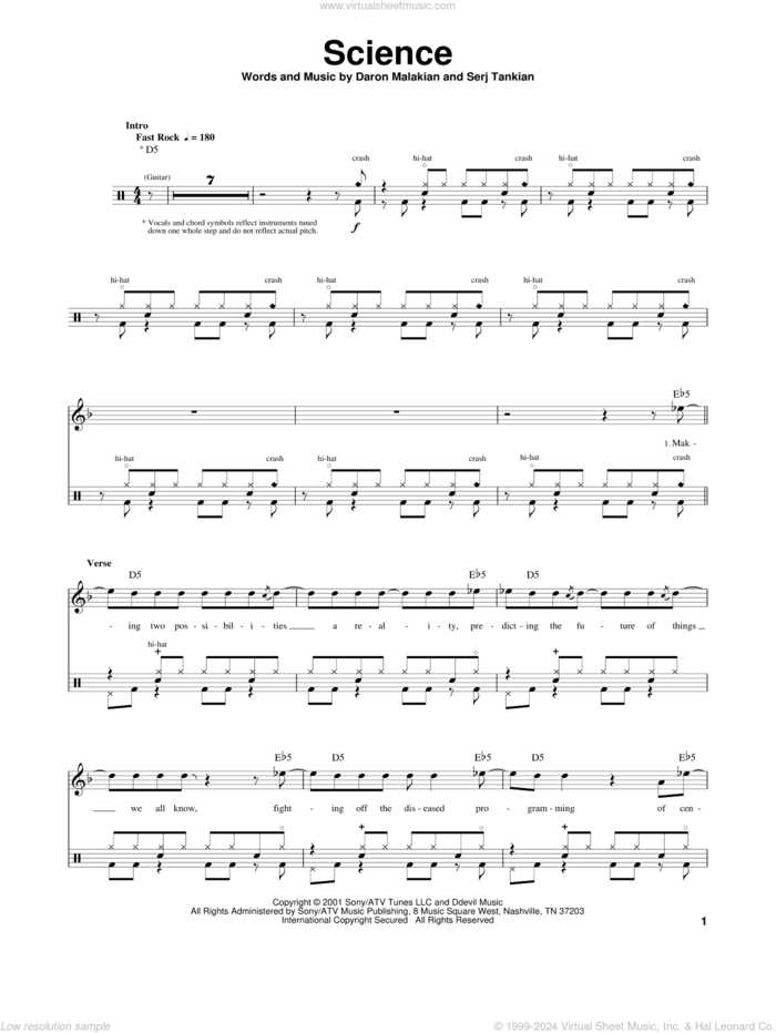 Science sheet music for drums by System Of A Down, Daron Malakian and Serj Tankian, intermediate skill level