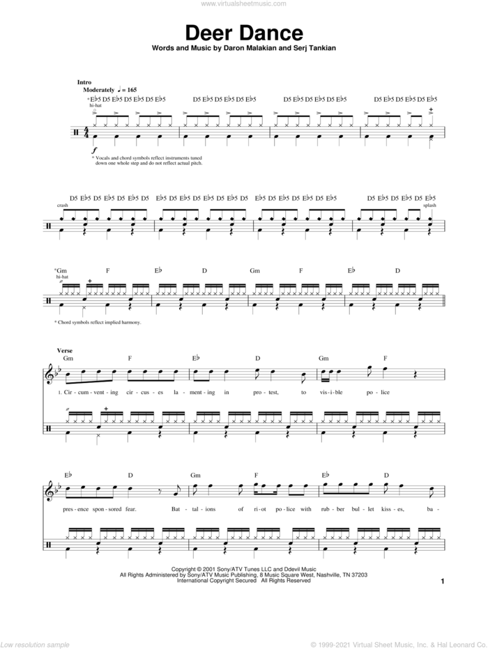 Deer Dance sheet music for drums by System Of A Down, Daron Malakian and Serj Tankian, intermediate skill level
