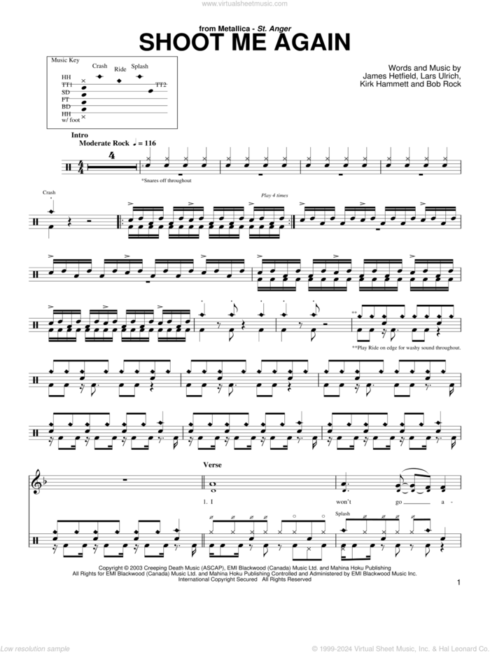 Shoot Me Again sheet music for drums by Metallica, Bob Rock, James Hetfield, Kirk Hammett and Lars Ulrich, intermediate skill level