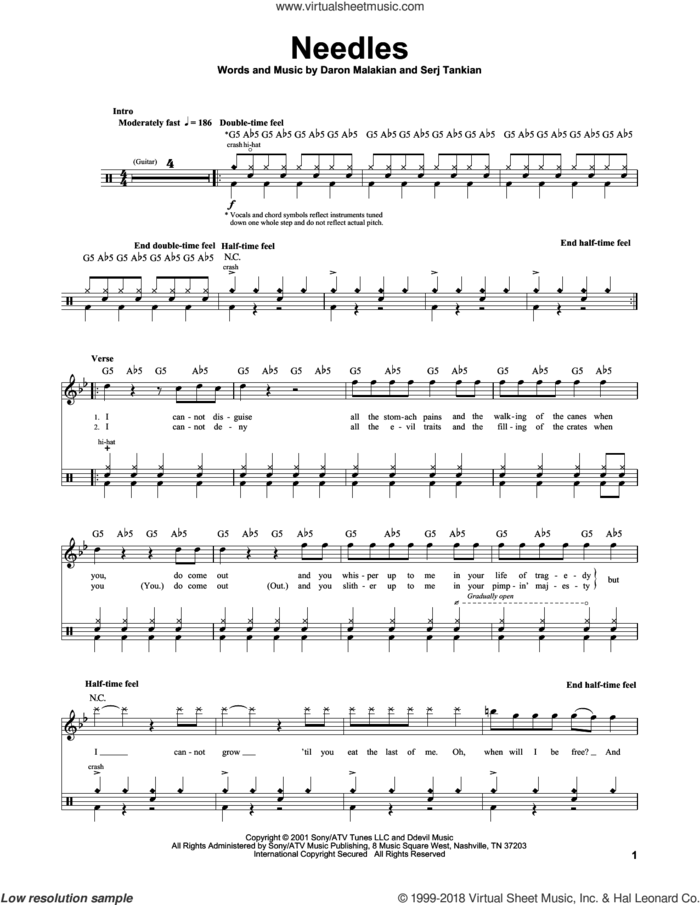 Needles sheet music for drums by System Of A Down, Daron Malakian and Serj Tankian, intermediate skill level