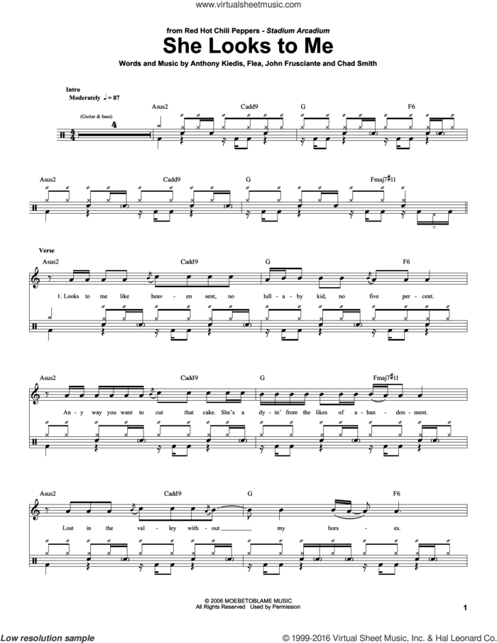 She Looks To Me sheet music for drums by Red Hot Chili Peppers, Anthony Kiedis, Chad Smith, Flea and John Frusciante, intermediate skill level