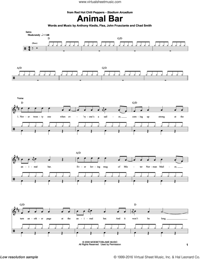 Animal Bar sheet music for drums by Red Hot Chili Peppers, Anthony Kiedis, Chad Smith, Flea and John Frusciante, intermediate skill level