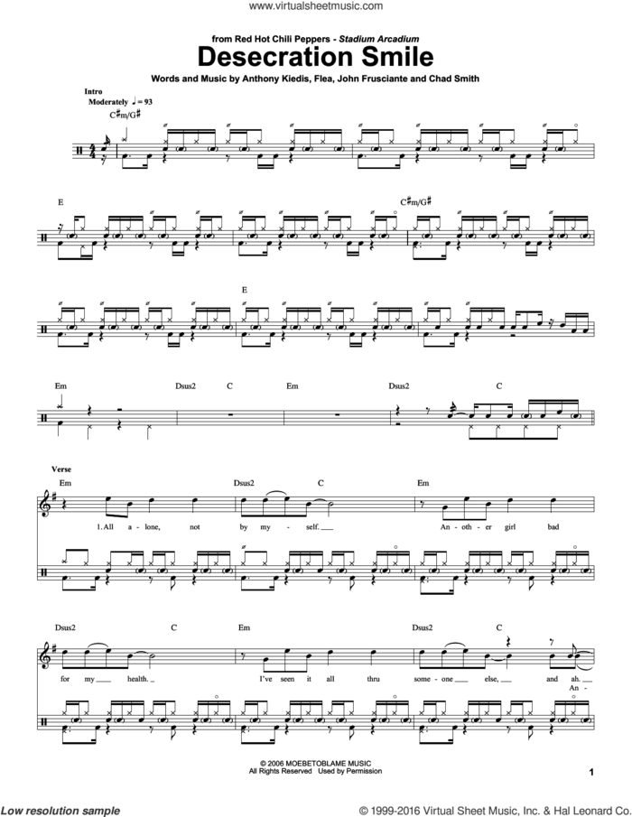 Desecration Smile sheet music for drums by Red Hot Chili Peppers, Anthony Kiedis, Chad Smith, Flea and John Frusciante, intermediate skill level