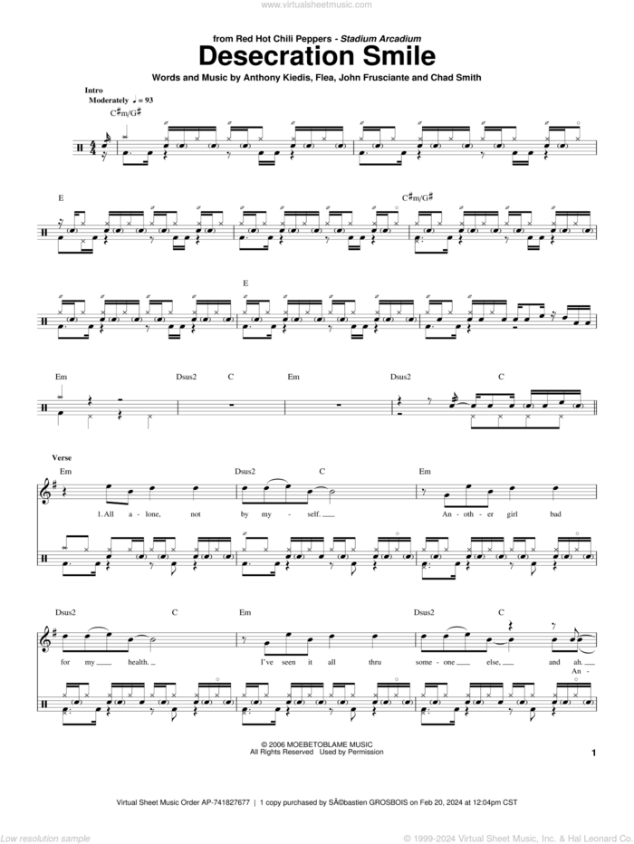 Desecration Smile sheet music for drums by Red Hot Chili Peppers, Anthony Kiedis, Chad Smith, Flea and John Frusciante, intermediate skill level