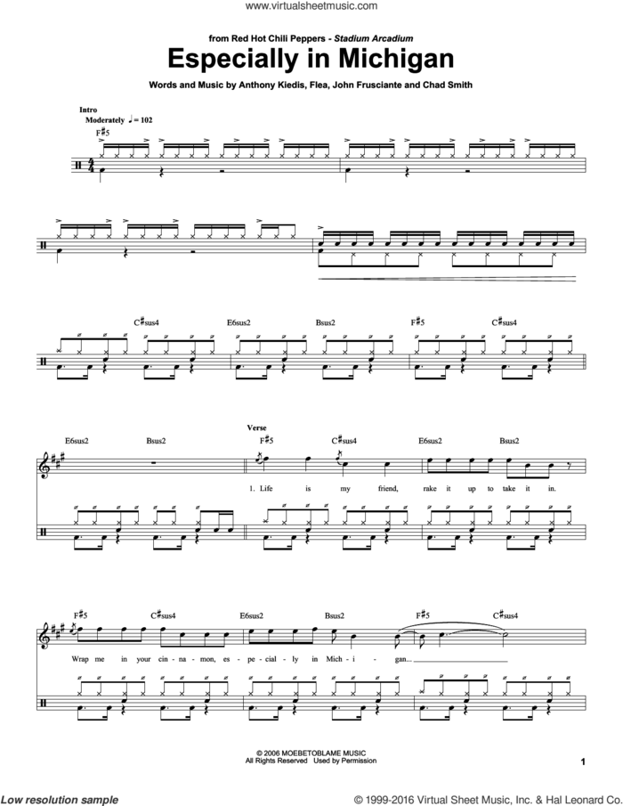 Especially In Michigan sheet music for drums by Red Hot Chili Peppers, Anthony Kiedis, Chad Smith, Flea and John Frusciante, intermediate skill level