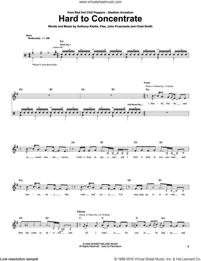 Hard To Concentrate sheet music for drums by Red Hot Chili Peppers, Anthony Kiedis, Chad Smith, Flea and John Frusciante, intermediate skill level