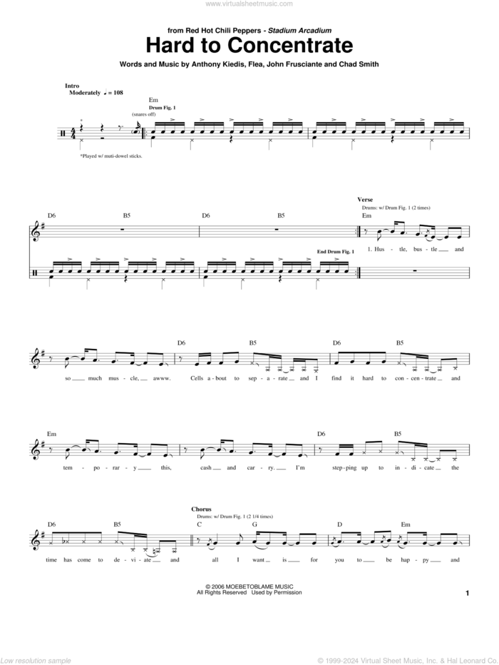 Hard To Concentrate sheet music for drums by Red Hot Chili Peppers, Anthony Kiedis, Chad Smith, Flea and John Frusciante, intermediate skill level