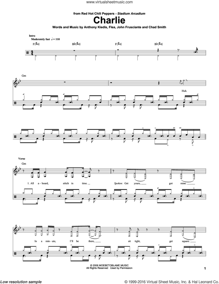Charlie sheet music for drums by Red Hot Chili Peppers, Anthony Kiedis, Chad Smith, Flea and John Frusciante, intermediate skill level