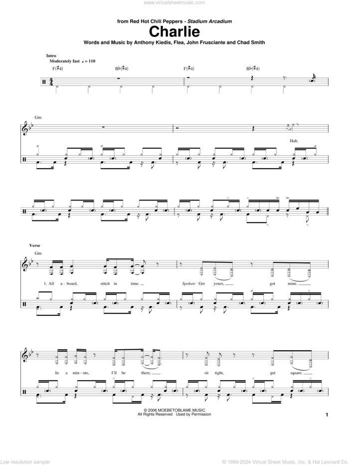 Charlie sheet music for drums by Red Hot Chili Peppers, Anthony Kiedis, Chad Smith, Flea and John Frusciante, intermediate skill level