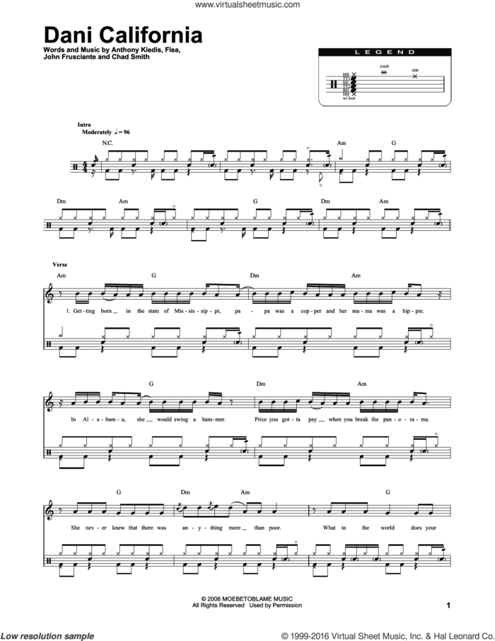Dani California sheet music for drums by Red Hot Chili Peppers, Anthony Kiedis, Chad Smith, Flea and John Frusciante, intermediate skill level