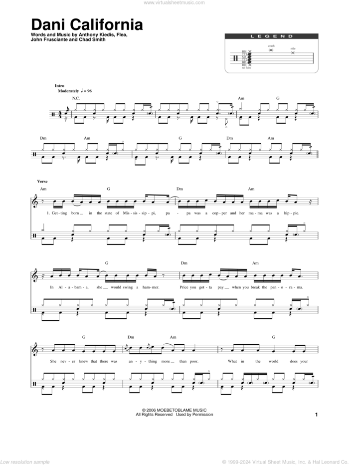 Dani California sheet music for drums by Red Hot Chili Peppers, Anthony Kiedis, Chad Smith, Flea and John Frusciante, intermediate skill level