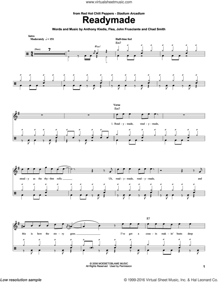 Readymade sheet music for drums by Red Hot Chili Peppers, Anthony Kiedis, Chad Smith, Flea and John Frusciante, intermediate skill level
