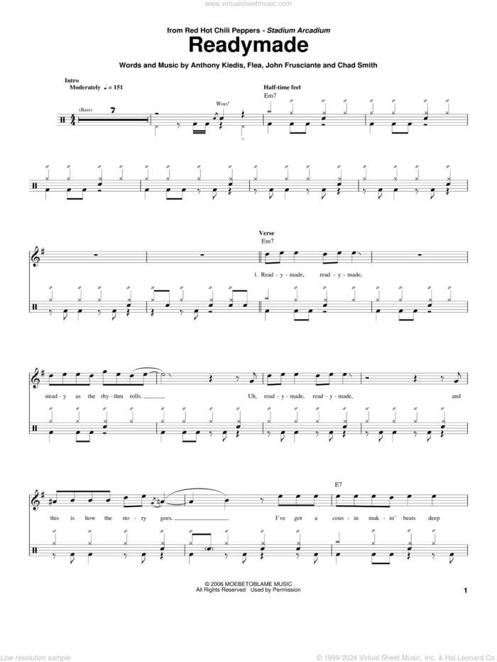 Readymade sheet music for drums by Red Hot Chili Peppers, Anthony Kiedis, Chad Smith, Flea and John Frusciante, intermediate skill level