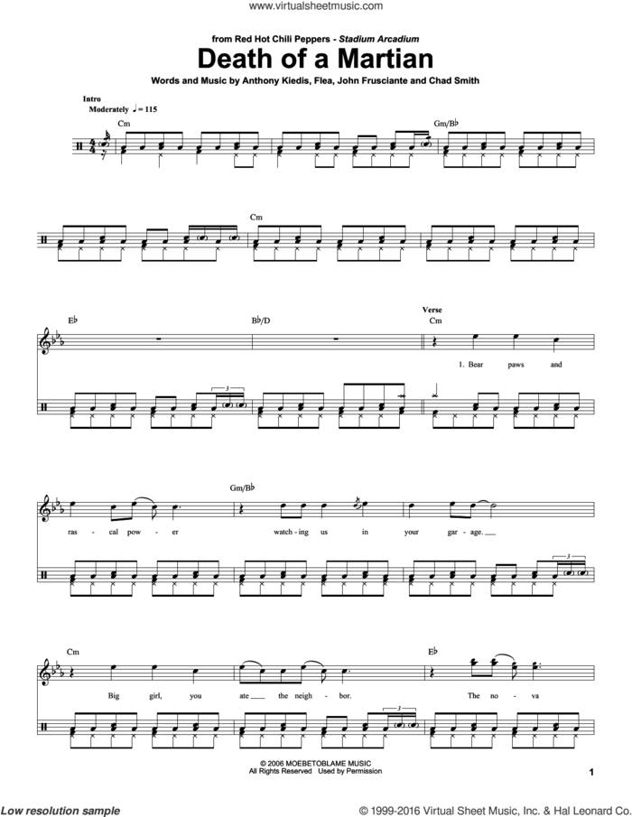 Death Of A Martian sheet music for drums by Red Hot Chili Peppers, Anthony Kiedis, Chad Smith, Flea and John Frusciante, intermediate skill level