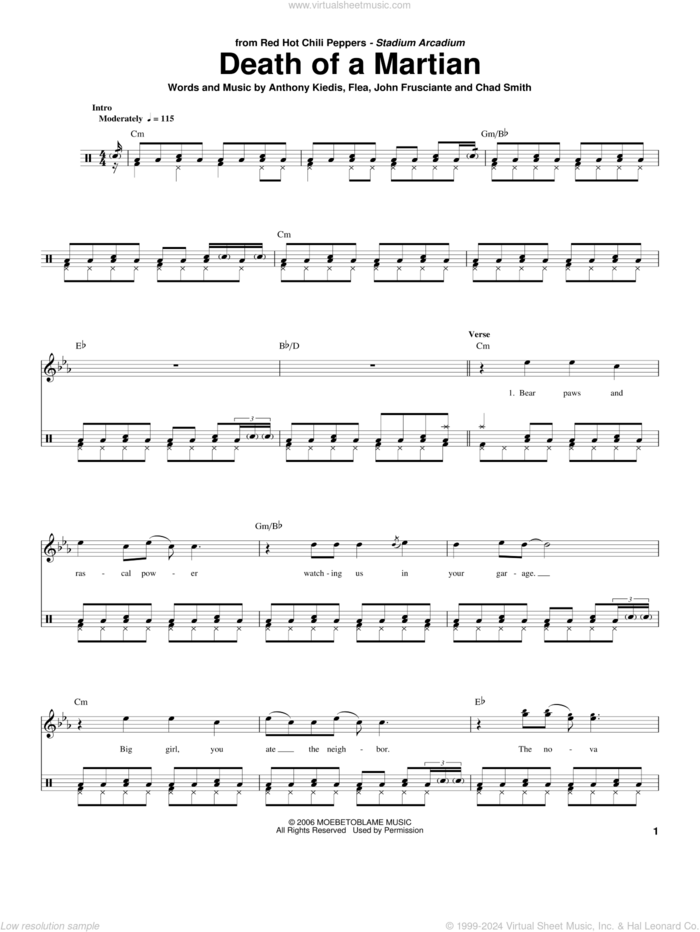 Death Of A Martian sheet music for drums by Red Hot Chili Peppers, Anthony Kiedis, Chad Smith, Flea and John Frusciante, intermediate skill level